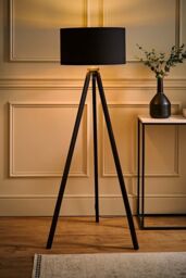 ValueLights Barbro Black Wood Tripod Floor Light Lamp with Reni Drum Shade in Metallic Gold - thumbnail 2