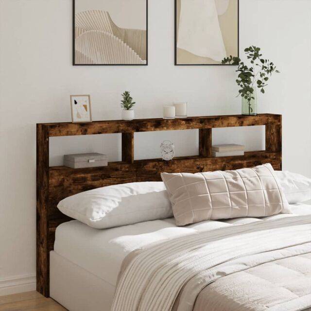 Berkfield Home Headboard Cabinet with LED Smoked Oak 180x17x102 cm in Brown - Size: 180 x 17 x 102 cm - image 1