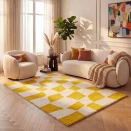 THE RUGS Joli Chequered Soft & Dense Pile Living Room & Bedroom Rug in Yellow - Size: 200 cm x 290 cm - thumbnail 8
