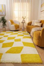 THE RUGS Joli Chequered Soft & Dense Pile Living Room & Bedroom Rug in Yellow - Size: 200 cm x 290 cm - thumbnail 4