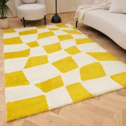 THE RUGS Joli Chequered Soft & Dense Pile Living Room & Bedroom Rug in Yellow - Size: 200 cm x 290 cm - thumbnail 1