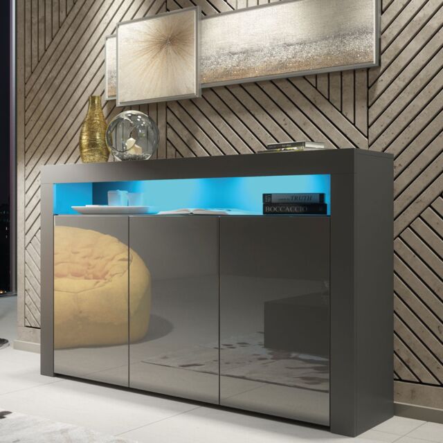 Mex Furniture LTD Sideboard with LED Lighting & Gloss Doors / 155cm in Dark Grey - image 1
