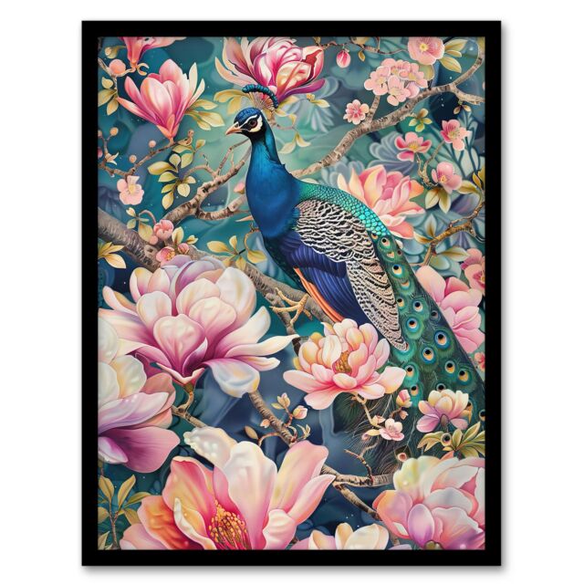 "Artery8 Peacock Bird Cherry Blossom Flower Tree Design Framed Art Print in Pink - Size: W12"" x H16""" - image 1