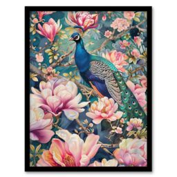 "Artery8 Peacock Bird Cherry Blossom Flower Tree Design Framed Art Print in Pink - Size: W12"" x H16""" - thumbnail 1