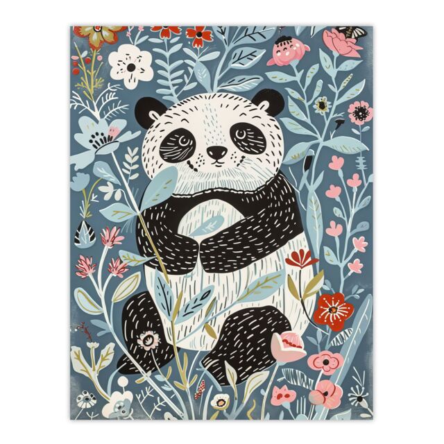 "Artery8 Cute Baby Panda in Flower Patch Floral Quirky Wall Art Print in Blue - Size: W24"" x H32""" - image 1