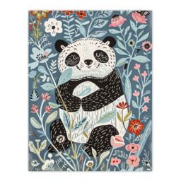 "Artery8 Cute Baby Panda in Flower Patch Floral Quirky Wall Art Print in Blue - Size: W24"" x H32""" - thumbnail 1