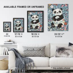 "Artery8 Cute Baby Panda in Flower Patch Floral Quirky Wall Art Print in Blue - Size: W24"" x H32""" - thumbnail 3