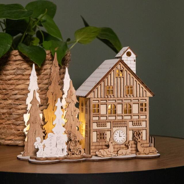 Samuel Alexander 16cm Battery Operated Light up Wooden House Scene with Christmas Trees & Warm White LEDs in Brown - image 1