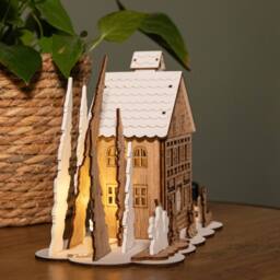 Samuel Alexander 16cm Battery Operated Light up Wooden House Scene with Christmas Trees & Warm White LEDs in Brown - thumbnail 6