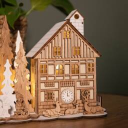 Samuel Alexander 16cm Battery Operated Light up Wooden House Scene with Christmas Trees & Warm White LEDs in Brown - thumbnail 3