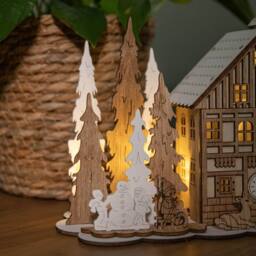 Samuel Alexander 16cm Battery Operated Light up Wooden House Scene with Christmas Trees & Warm White LEDs in Brown - thumbnail 4