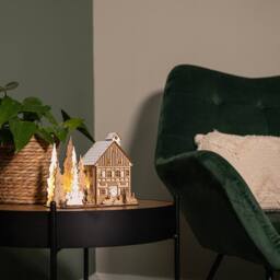 Samuel Alexander 16cm Battery Operated Light up Wooden House Scene with Christmas Trees & Warm White LEDs in Brown - thumbnail 2