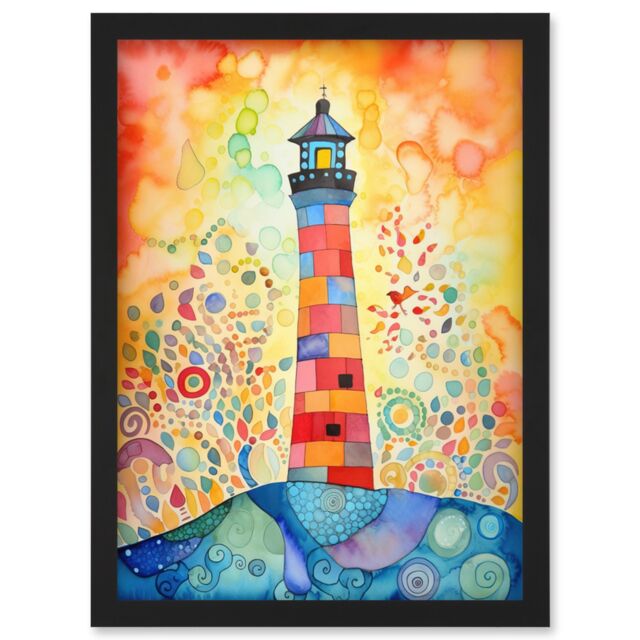 Artery8 Lighthouse At Sunset Dreamy Folk Art Watercolour Painting Artwork Framed Wall Art Print A4 in Black - image 1