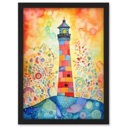 Artery8 Lighthouse At Sunset Dreamy Folk Art Watercolour Painting Artwork Framed Wall Art Print A4 in Black - thumbnail 1