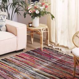 Wyld and Coco Handwoven Cotton Area Rug 140 x 200 cm Dark Multicolour Striped Fringe - Size: 140 cm x 200 cm - thumbnail 1