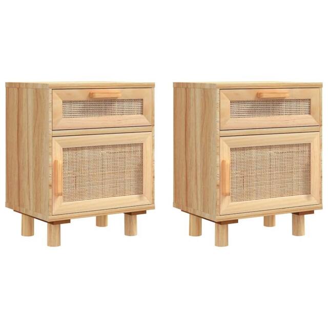 Berkfield Home Bedside Cabinets 2 pcs Brown Solid Wood Pine & Natural Rattan in Light Brown - image 1