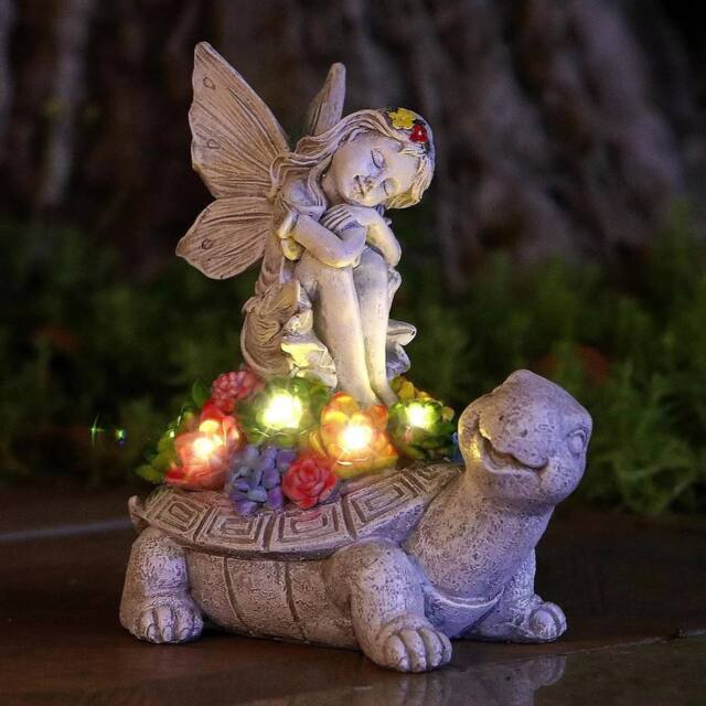 FLAVORA Solar Fairy Tortoise Ornament Garden LED Statue Succulent in Grey - Size: 100 cm x 15 cm - image 1