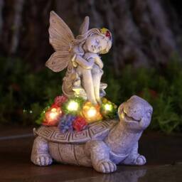 FLAVORA Solar Fairy Tortoise Ornament Garden LED Statue Succulent in Grey - Size: 100 cm x 15 cm