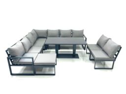 Fimous 10 Seater Outdoor Aluminum Garden Furniture Set Corner Sofa Big Footstool Rising Lifting Dining Table Sets Dark Grey - thumbnail 1
