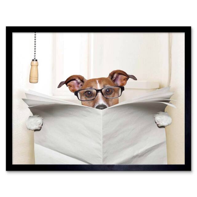 "Artery8 Photo Jack Russell Toilet Reading Newspaper Affiche Framed Art Print in Beige - Size: W12"" x H16""" - image 1