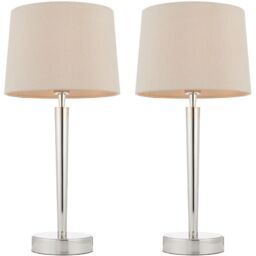 Loops 2 PACK Modern Table Lamp & USB Charger Nickel & Mink Shade Metal Bedside Light in Metallics