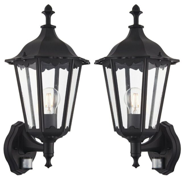 Loops 2 PACK IP44 Outdoor PIR Light Matt Black & Glass Traditional Wall Lantern Motion - image 1