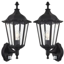 Loops 2 PACK IP44 Outdoor PIR Light Matt Black & Glass Traditional Wall Lantern Motion - thumbnail 1