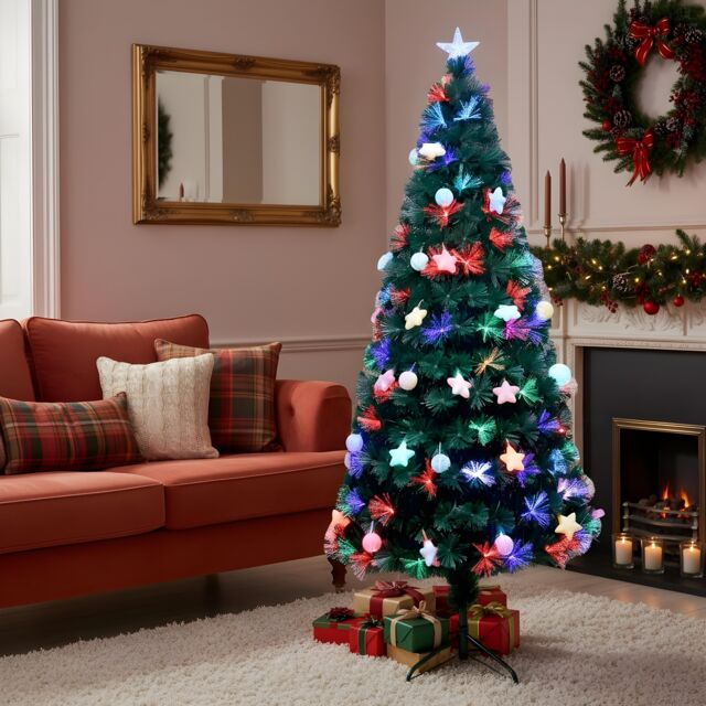 Shatchi 4Ft/120cm Pastel Stars & Baubles Fibre Optic Christmas Tree LED Pre-Lit in Green - Size: 4ft - image 1