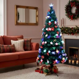 Shatchi 4Ft/120cm Pastel Stars & Baubles Fibre Optic Christmas Tree LED Pre-Lit in Green - Size: 4ft - thumbnail 1