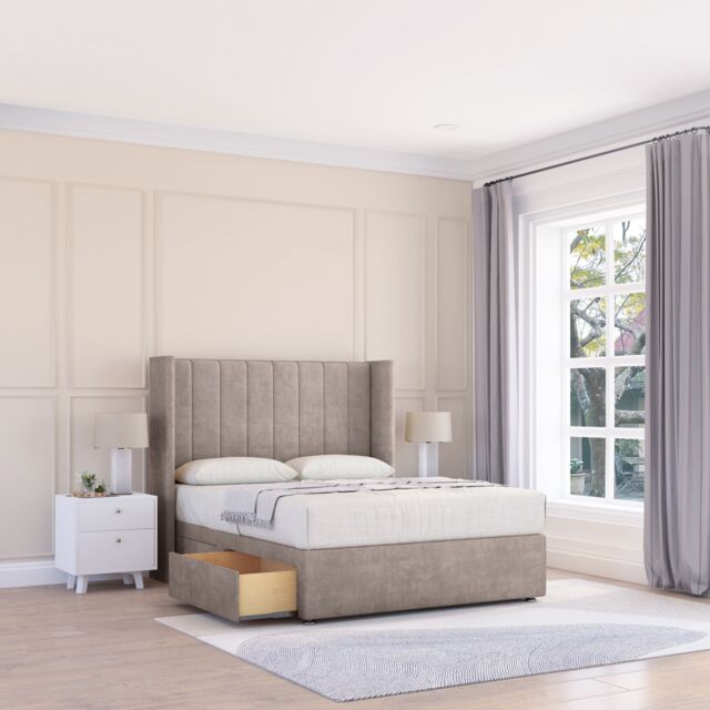 "Sloomy Falcon Plush Wingback Bed Set, 2 Drawers & 54"" Floor Standing Headboard in Stone - Size: Small Double" - image 1