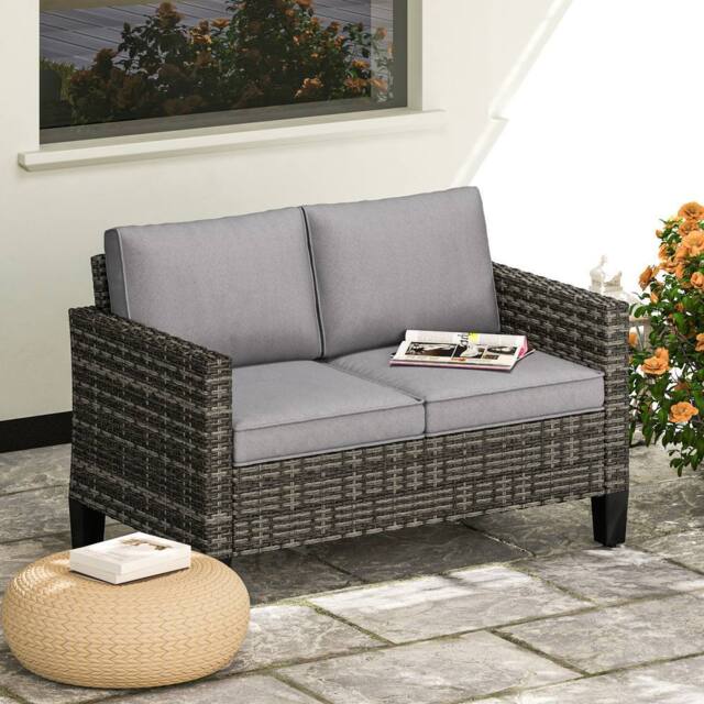 OUTSUNNY Rattan Sofa with Cushions, 2 Seater Garden Furniture, Dark Grey - image 1