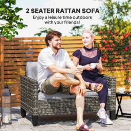 OUTSUNNY Rattan Sofa with Cushions, 2 Seater Garden Furniture, Dark Grey - thumbnail 4
