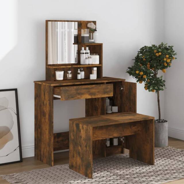 Berkfield Home Beautiful Dressing Table with Mirror Smoked Oak 86.5x35x136 cm in Brown - image 1