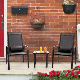 Costway 3-Piece Patio Bistro Furniture Set Outdoor Coffee Table Stackable Chairs Set in Black - thumbnail 5