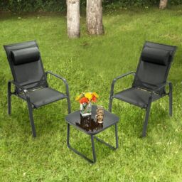 Costway 3-Piece Patio Bistro Furniture Set Outdoor Coffee Table Stackable Chairs Set in Black - thumbnail 4