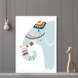 ARTZE Peeking Elephant Tribal Animal Framed Print SIZE: A2 with White Frame in Pale Blue - Size: A4 - thumbnail 2