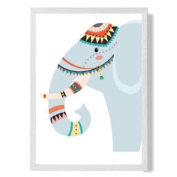 ARTZE Peeking Elephant Tribal Animal Framed Print SIZE: A2 with White Frame in Pale Blue - Size: A4 - thumbnail 1