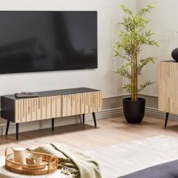 Wyld and Coco TV Stand - Black MDF Frame Rubberwood Doors Iron Legs in Brown - thumbnail 1