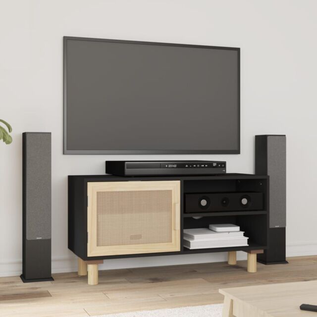Berkfield Home TV Cabinet Black 80x30x40 cm Solid Wood Pine & Natural Rattan - Size: 80 x 30 x 40 cm - image 1