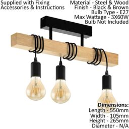 Loops Ceiling Spot Light & 2x Matching Wall Lights Black & Wood Trendy Hanging Lamp - thumbnail 2