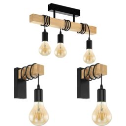 Loops Ceiling Spot Light & 2x Matching Wall Lights Black & Wood Trendy Hanging Lamp