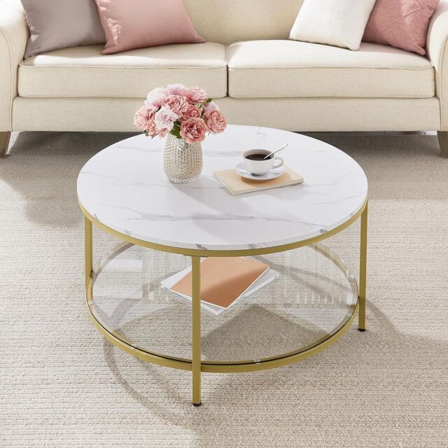 VASAGLE Large Round Faux Marble Coffee Table with Tempered Glass Shelf in Gold - image 1