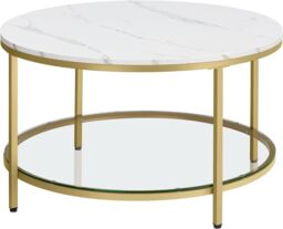 VASAGLE Large Round Faux Marble Coffee Table with Tempered Glass Shelf in Gold - thumbnail 6
