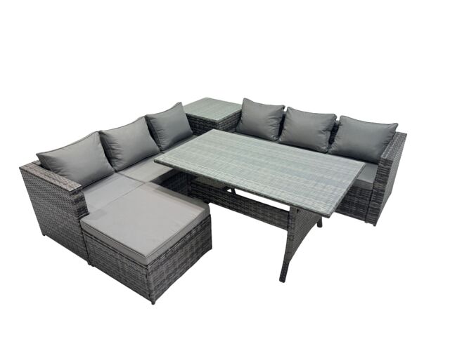 Fimous 7 Seater Garden Rattan Furniture Set with Side Table Big Stool in Dark Grey - image 1