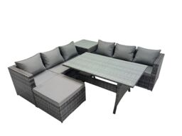 Fimous 7 Seater Garden Rattan Furniture Set with Side Table Big Stool in Dark Grey - thumbnail 1