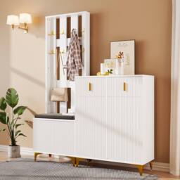 Merax Hallway Storage Set with Shoe Bench & Cabinet in White - thumbnail 1