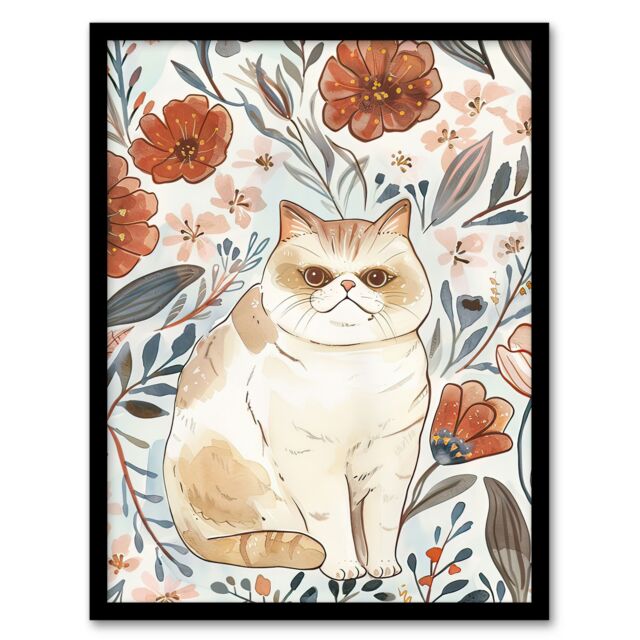 Artery8 Smiling Exotic Shorthair Cat Floral Watercolour Framed Wall Art - Size: A4 - image 1