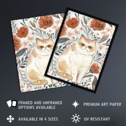 Artery8 Smiling Exotic Shorthair Cat Floral Watercolour Framed Wall Art - Size: A4 - thumbnail 2