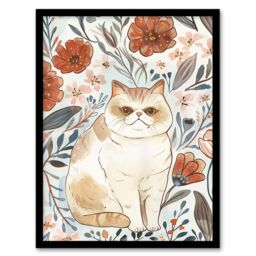 Artery8 Smiling Exotic Shorthair Cat Floral Watercolour Framed Wall Art - Size: A4 - thumbnail 1