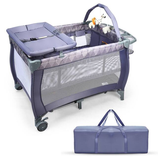 Costway Baby Cot Bed Portable Infant Changing Table Playpen w/Storage Shelves Hang Toys in Grey - image 1